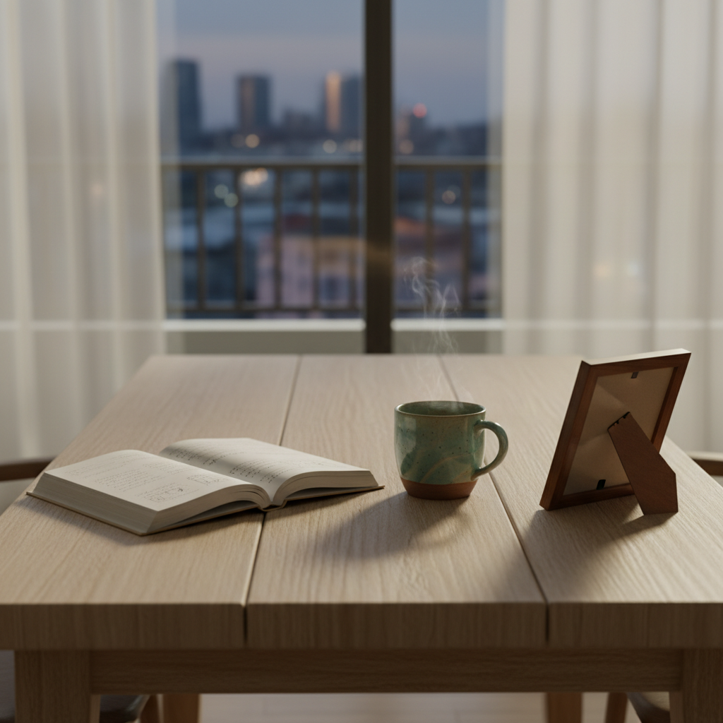 A sturdy wooden dining table with a pale, matte finish stands near a large window, its surface neatly arranged with an open linen-bound journal, a ceramic mug of herbal tea, and a small framed photo turned face-down. Outside the window, a soft-focus cityscape at dusk is visible. Gentle, diffused evening light filters through sheer curtains, creating subtle reflections on the mug’s glaze and faint shadows along the journal’s pages. Shot at eye level with a shallow depth of field, the foreground details are crisp while the background softly blurs, evoking a quiet, introspective atmosphere. The style is clean, photographic realism with muted, calming colors, conveying the emotional space of a single parent gathering thoughts and seeking support in a moment of solitude.