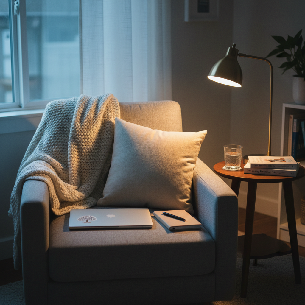 A cozy living room corner featuring a well-worn but tidy gray fabric armchair with a textured throw blanket draped over one arm and a soft cushion supporting a closed laptop and a slim notebook. Beside it, a small round wooden side table holds a warm-toned desk lamp, a glass of water, and a neatly stacked pair of parenting books. The scene is lit by warm, dim lamp light mixed with faint bluish twilight seeping through a nearby window, creating a balanced, reassuring glow. Captured from a slightly elevated angle in photographic realism, the composition uses the rule of thirds to emphasize the chair as a safe, contemplative space, suggesting a single parent preparing for an online coaching session in a calm, supportive environment.