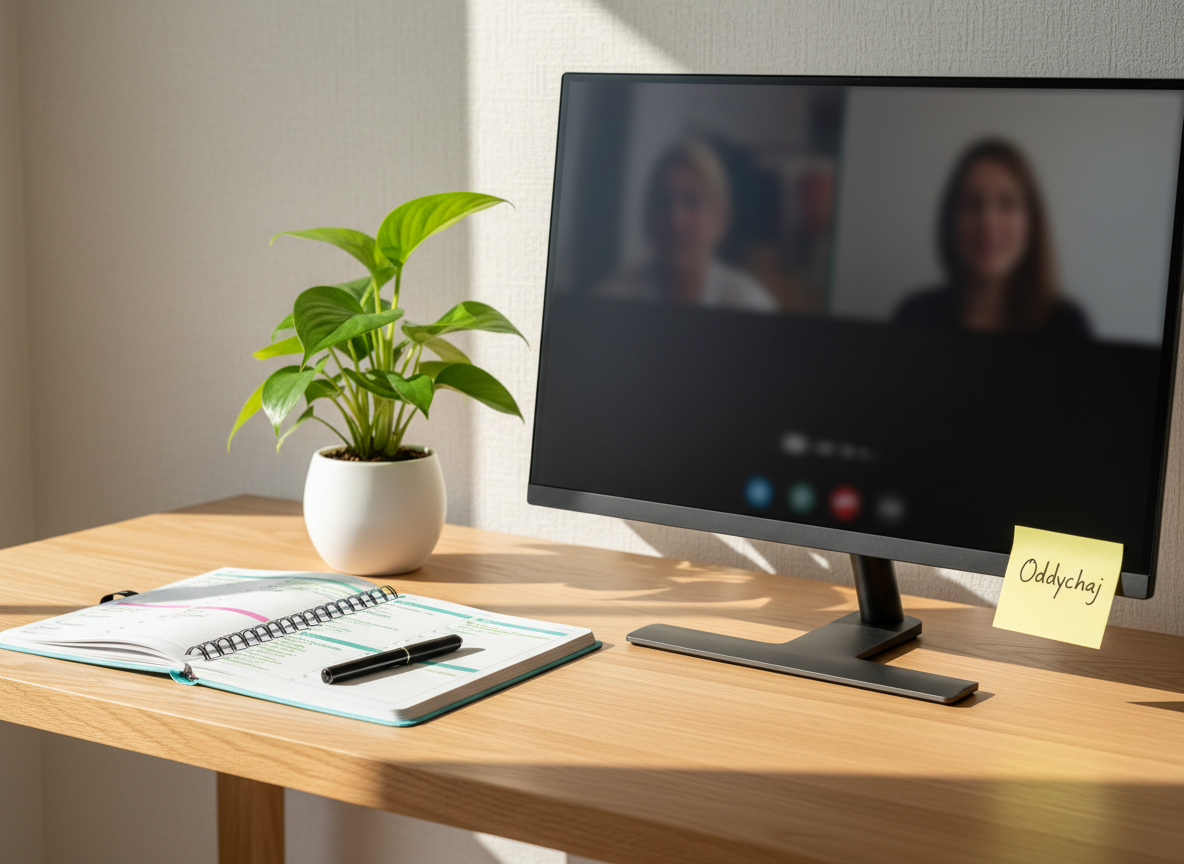 A modern, minimalist wooden desk stands against a light, textured wall, holding a slim monitor displaying a softly blurred video call interface and a prominent sticky note on the frame reading “Oddychaj” in neat handwriting. Next to the monitor lies an open planner with color-coded entries, a fine-tip pen, and a small potted plant with vibrant green leaves. Natural midday light from an unseen side window illuminates the workspace, creating soft, defined shadows and gentle highlights on the plant’s glossy leaves. Captured from a three-quarter angle with a shallow depth of field, the focus rests on the note and planner, leaving the screen intentionally vague. The photographic, clean aesthetic evokes clarity, support, and structure in a coaching relationship for parents navigating emotionally demanding moments.