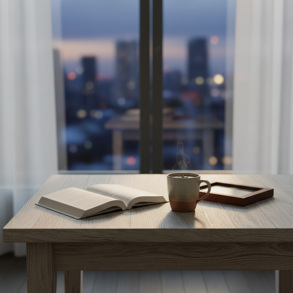 A sturdy wooden dining table with a pale, matte finish stands near a large window, its surface neatly arranged with an open linen-bound journal, a ceramic mug of herbal tea, and a small framed photo turned face-down. Outside the window, a soft-focus cityscape at dusk is visible. Gentle, diffused evening light filters through sheer curtains, creating subtle reflections on the mug’s glaze and faint shadows along the journal’s pages. Shot at eye level with a shallow depth of field, the foreground details are crisp while the background softly blurs, evoking a quiet, introspective atmosphere. The style is clean, photographic realism with muted, calming colors, conveying the emotional space of a single parent gathering thoughts and seeking support in a moment of solitude.