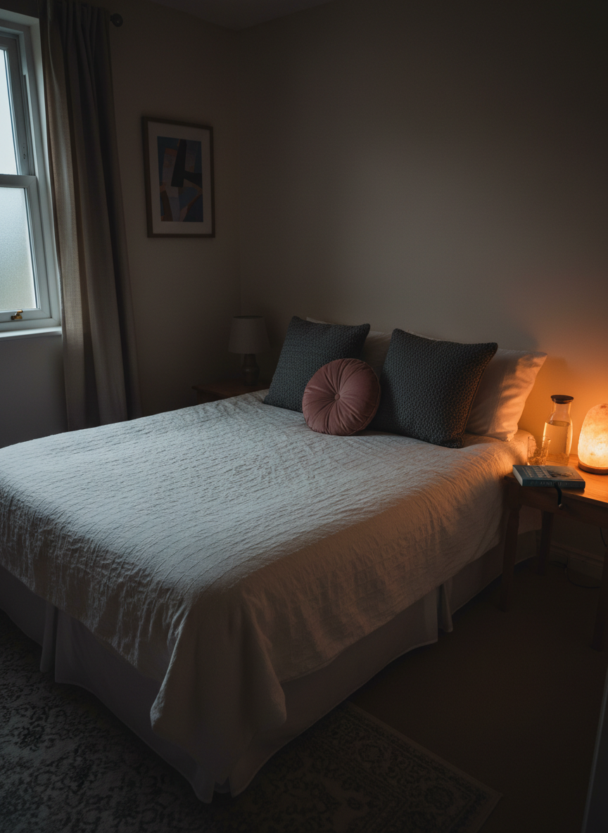 A neatly made bed with a soft, neutral-toned duvet and a pair of contrasting decorative pillows sits in a small, serene bedroom. On the bedside table, a glass carafe of water, a dimly glowing salt lamp, and a closed parenting book with a bookmark peeking out hint at recent late-night reading. The room is lit by very soft, warm bedside light, with deep, calm shadows gathering in the corners and a hint of cool moonlight brushing the curtain edge. Photographed from a slightly elevated corner of the room with a wide lens, the entire scene is in focus, embracing photographic realism. The atmosphere is intimate, reflective, and gently melancholic, expressing the quiet loneliness and emotional exhaustion that single or isolated parents may feel at the end of the day.