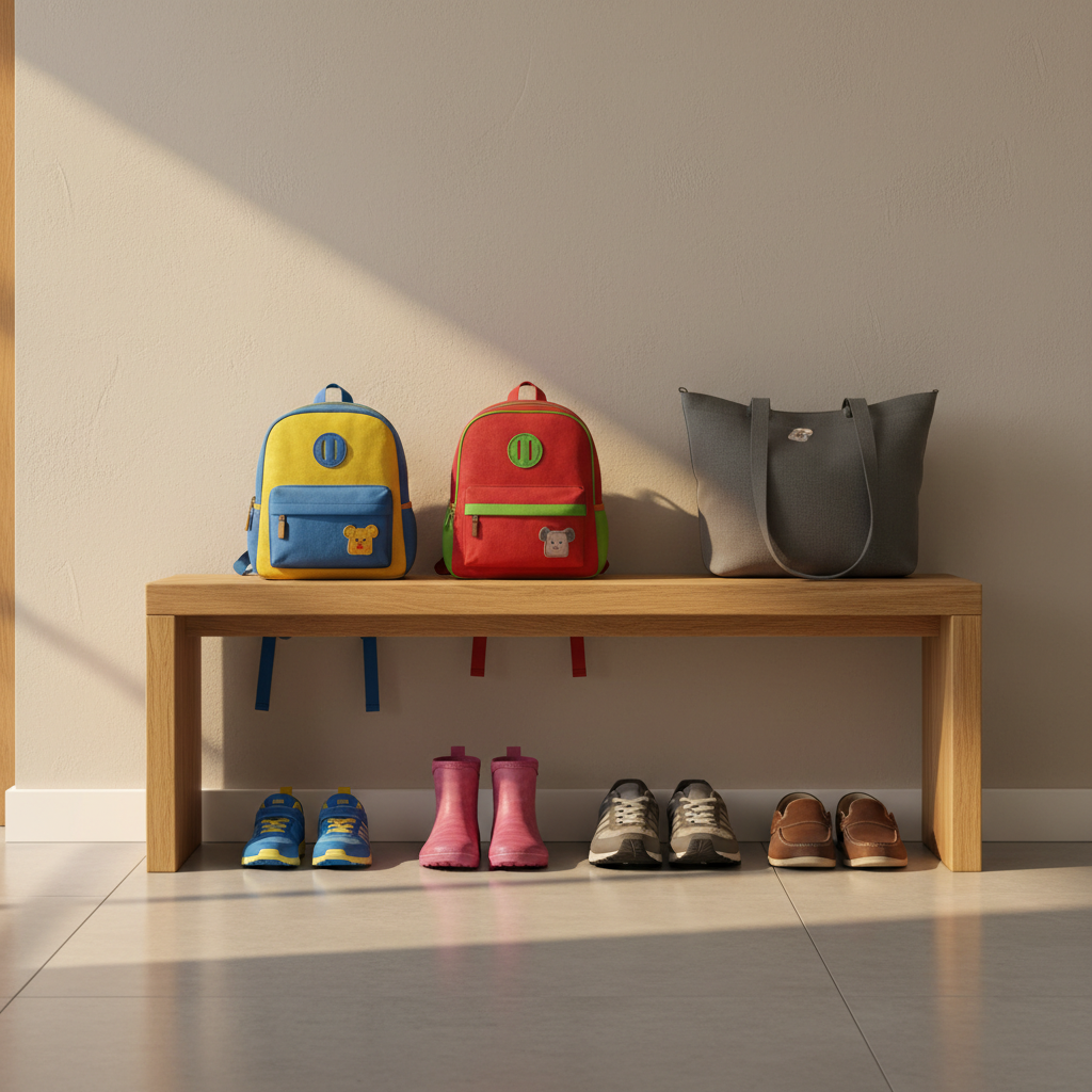 A tidy hallway entrance with a light oak bench stands against a pale, matte wall, its surface lined with two small, neatly arranged children’s backpacks in cheerful colors and a single adult’s minimalist canvas bag. Underneath, organized rows of shoes in different sizes illustrate a small family. Soft morning light spills in from an unseen door, casting long, gentle shadows on the smooth tile floor and highlighting the textures of fabric, leather, and wood. Photographed at eye level with sharp focus throughout, the composition is balanced and uncluttered, using photographic realism to convey order, readiness, and subtle emotional weight, symbolizing a single parent juggling responsibilities yet quietly grounded and prepared for a new day.